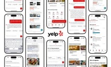 a grid of smartphones featuring various aspects of Yelp's new AI features
