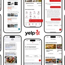 a grid of smartphones featuring various aspects of Yelp's new AI features