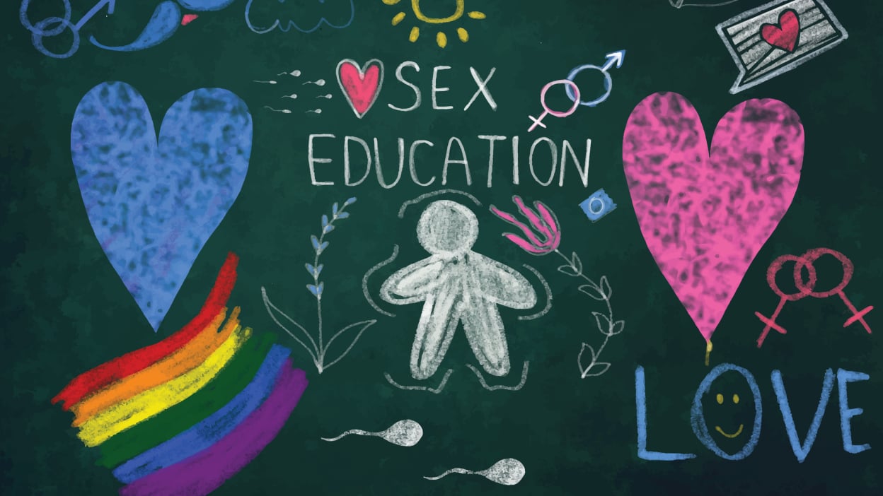 The words 'sex education' on a chalkboard, surrounded by drawings depicting various sex and relationship related themes. 
