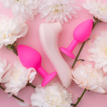 flat lay of sex toys with flowers 