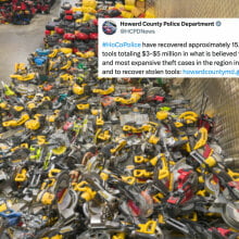 A warehouse filled with power tools. In the top-right of the image is a screenshot of a post from X (formerly Twitter).