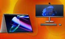 An HP 2-in-1 laptop and HP desktop on an orange background