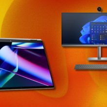 An HP 2-in-1 laptop and HP desktop on an orange background