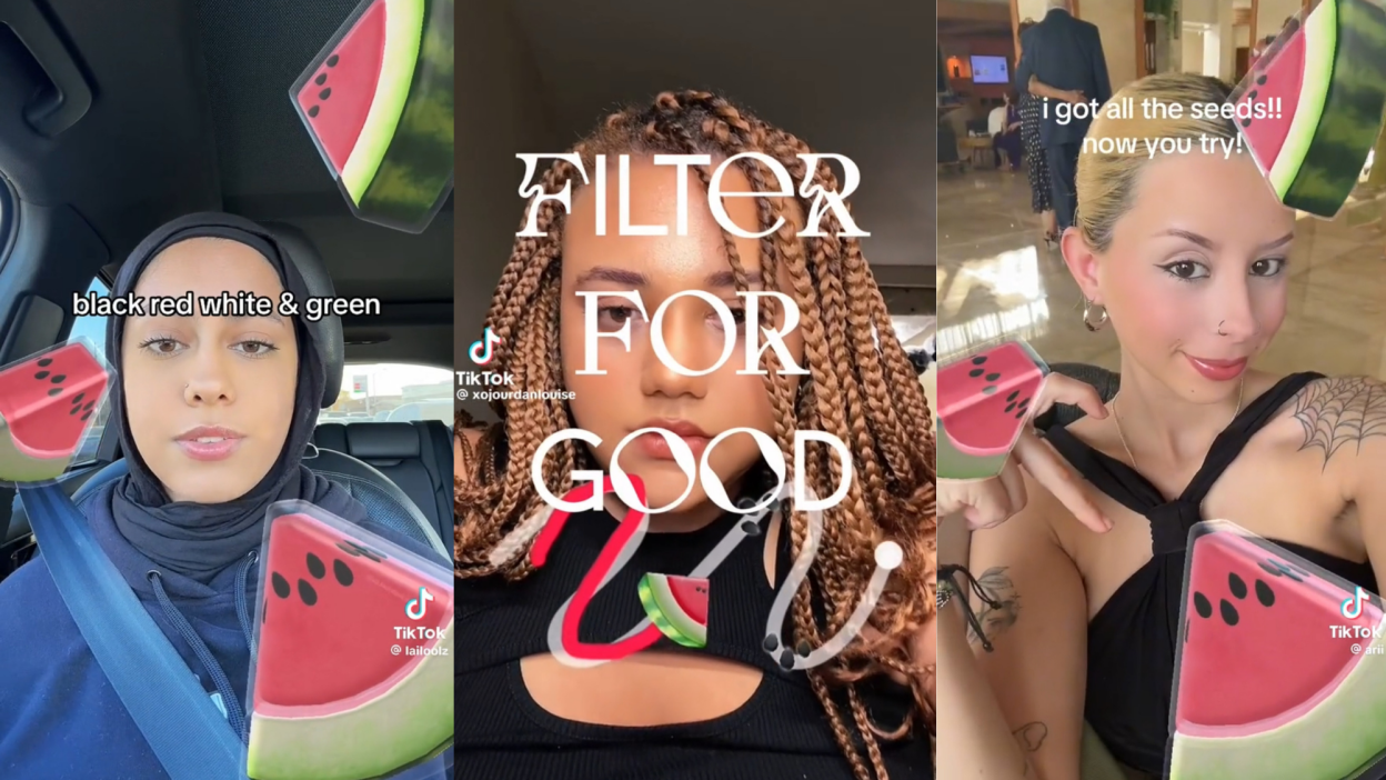 Three side-by-side screenshots of TikTok videos using the watermelon-themed "Filter for Good."