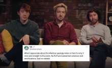 Watcher founders Steven Lim, Ryan Bergara, and Shane Madej sitting on a couch. Superimposed on top of them is an X post by @ValberryDaily: "What I appreciate about the Watcher apology video is that it's only 3 mins and straight to the point. No fluff and presented solutions and rectifications. And no ukelele"