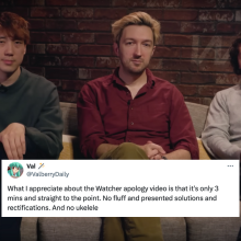 Watcher founders Steven Lim, Ryan Bergara, and Shane Madej sitting on a couch. Superimposed on top of them is an X post by @ValberryDaily: "What I appreciate about the Watcher apology video is that it's only 3 mins and straight to the point. No fluff and presented solutions and rectifications. And no ukelele"
