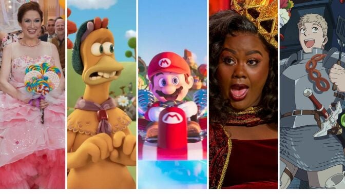 Images from "Chicken Run: Dawn of the Nugget," "Unbreakable Kimmy Schmidt: Kimmy vs. the Reverend," "The Super Mario Bros. Movie," "Nailed It!," and "Delicious in Dungeon"