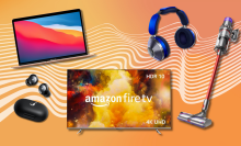 MacBook Air, Amazon Fire TV, Dyson headphones, Soundcore earbuds, and Dyson vacuum with orange gradient background