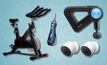 exercise bike, water flosser, Google Nest cameras, and TheraGun massage gun with sparkly blue background