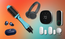 Soudcore earbuds, Revlon One Step, Sony headphones, and Ecobee security system with orange and blue gradient background