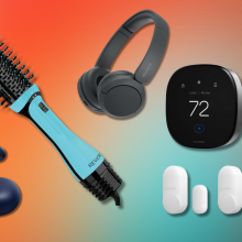 Soudcore earbuds, Revlon One Step, Sony headphones, and Ecobee security system with orange and blue gradient background