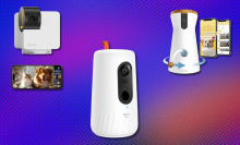 Pet cameras on blue, orange, and purple abstract background