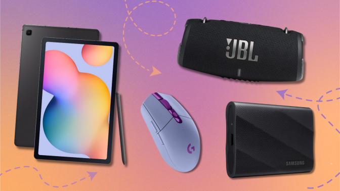 Samsung Galaxy Tab S6 Lite, Samsung T9 SSD, Logitech G305 mouse, and JBL Xtreme 3 speaker with colorful background with arrows