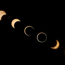 USA, California, Redding, Digital composite view of annular solar eclipse on May 20, 2012. Seven separate exposures were made twenty minutes apart and combined into one image.