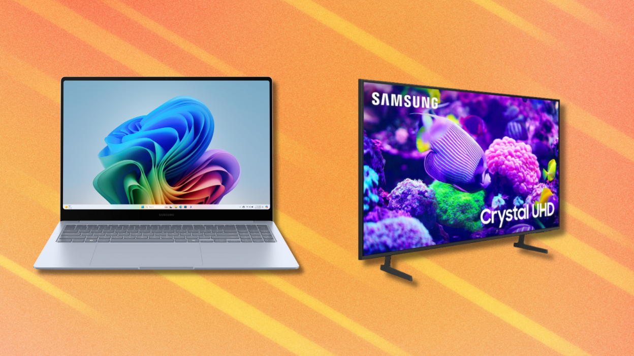 Samsung Galaxy Book4 Edge and 50-inch Samsung Crystal UHD 4K TV on orange abstract background
