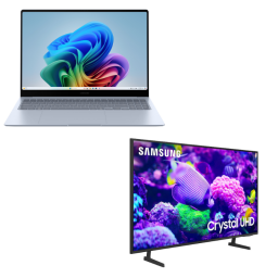 Samsung Galaxy Book4 Edge and Crystal UHD 4K TV on white background