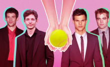 A collage of Josh O'Connor, Mike Faist, Taylor Lautner, and Robert Pattinson. A pair of hands grasp a tennis ball in the center of the image.