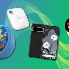 Echo Pop Kids, Google Pixel Watch 2 and Pixel 8 Pro, Tile Mate on green and blue gradient background