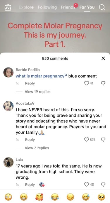 A screenshot of a TikTok with the caption "Complete Molar Pregnancy. This is my journey. Part 1." The top comment says "What is molar pregnancy blue comment."