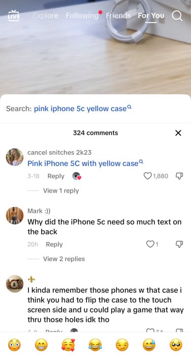A screenshot of a TikTok comment section. The top blue comment says "Pink iPhone 5C with Yellow Case".