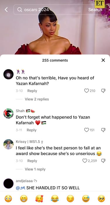 A screenshot of an Entertainment Tonight TikTok video. The top comment reads, "Oh no that's terrible. Have you heard of Yazan Kafarnah?"