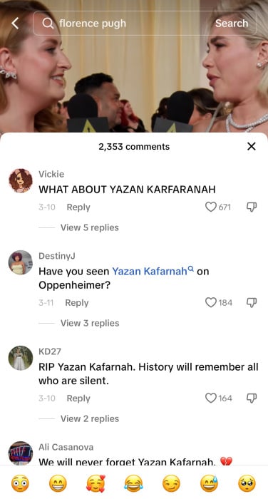 A screenshot of an Oscars TikTok video. The top comment reads, "WHAT ABOUT YAZAN KARFARANAH."