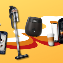Nanit baby monitor, Samsung vacuum, Thermacell mosquito repellant, and Nespresso VertuoPlus with yellow striped background