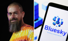 A composite image of Jack Dorsey and the Bluesky logo on a smartphone screen.