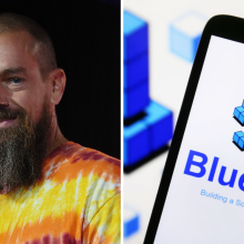 A composite image of Jack Dorsey and the Bluesky logo on a smartphone screen.