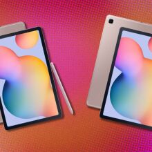 two samsung galaxy tab s6 lite tablets on a pink and orange background