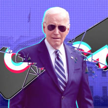 A picture of Joe Biden against a backdrop of a broken phone screen with the TikTok logo.