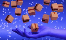 Cardboard boxes scattered on a dark. blue background