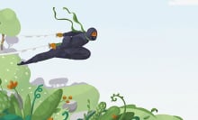 illustrated graphic of ninja jumping with swords
