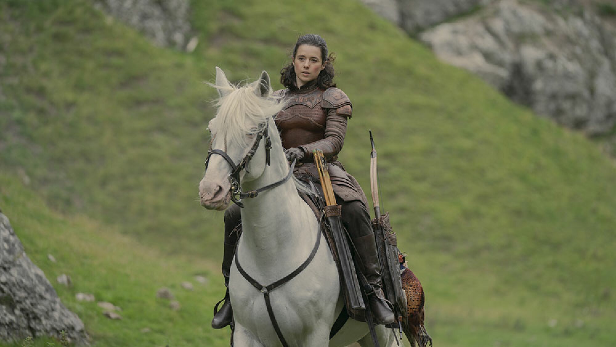 A woman in medieval clothing rides a white horse outdoors.