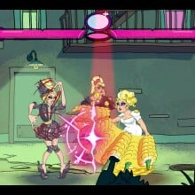 A screenshot from 'Drag Her!' showing two drag queens fighting each other.