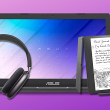AirPods Max, Asus laptop, and Kindle Scribe with purple background