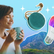 A composite image of a woman sipping a cup of tea, a Nanoleaf lightbulb, and a FOREO silicone body brush.