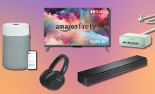 Blueair purifier, Amazon Fire TV, Sony headphones, Bose soundbar, and Anker charging station with pink watercolor background
