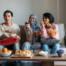 a group of three people sit together on a couch while drinking orange beverages from cups