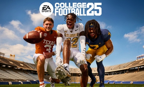 college football players on field with name of the video game College Football '25