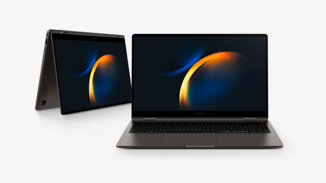 two Samsung Galaxy Book3 360s in clamshell and tent modes