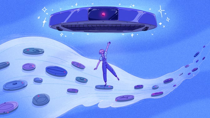 Blue tinted illustration of person surfing on cloud of small robot vacuums and reaching toward large robot vacuum in the sky