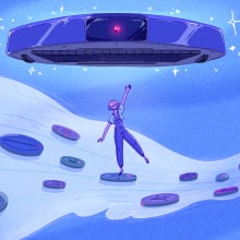Blue tinted illustration of person surfing on cloud of small robot vacuums and reaching toward large robot vacuum in the sky