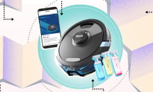 Shark robot vacuum and Blueland cleaning sprays on geometric background