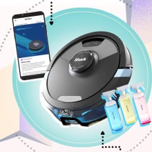 Shark robot vacuum and Blueland cleaning sprays on geometric background