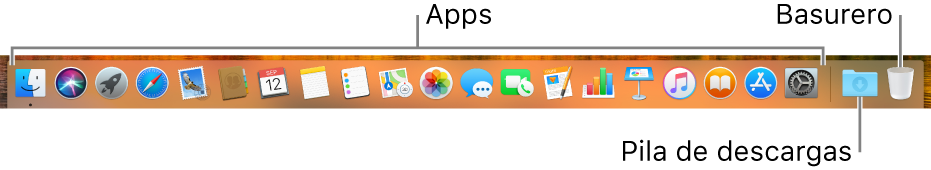 El Dock mostrando íconos de apps, el ícono de la pila de descargas, y el ícono del Basurero.