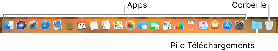 Le Dock comporte les icônes des apps, l’icône de la pile de téléchargements et l’icône de la corbeille.