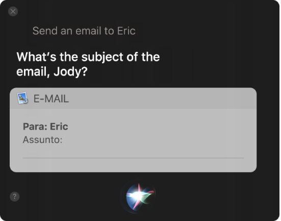A janela de Siri a mostrar uma mensagem de e-mail a ser ditada.