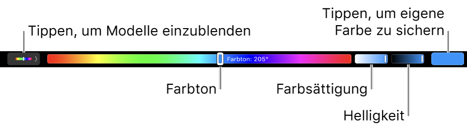 Die Touch Bar mit Schiebereglern für Farbton, Sättigung und Helligkeit für das HSB-Modell Links befindet sich die Taste zum Anzeigen aller Profile, rechts die Taste zum Sichern einer eigenen Farbe