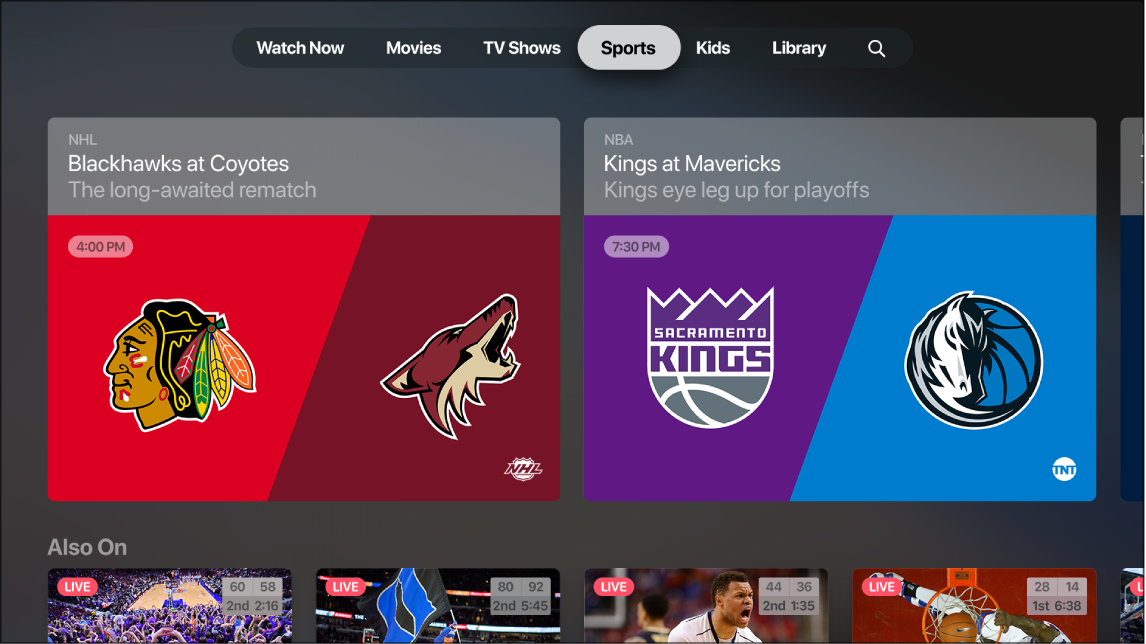 Screen showing Sports